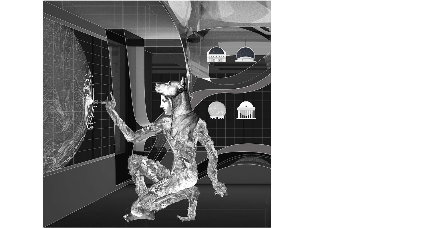 Figura humanoide toca pantalla en un escenario de ciencia ficción.