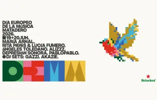 Cartel DEMM26 con ilustración de pajarito pixelado