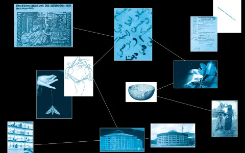 Cuadros en tonos azules con diferentes ilustraciones sobre fondo negro