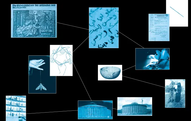 Cuadros en tonos azules con diferentes ilustraciones sobre fondo negro