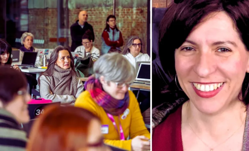 Montaje de foto con mujeres trabajando en un aula y rostro de una mujer en primer plano