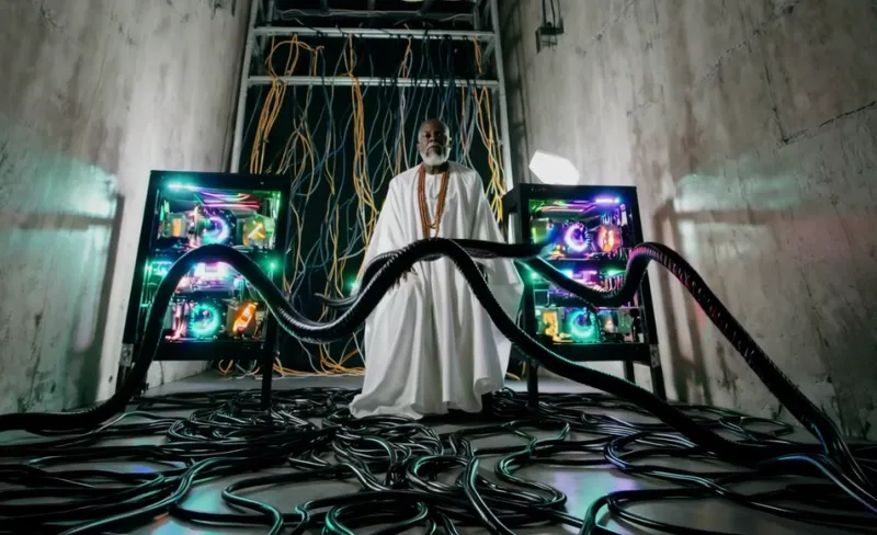 Un hombre de raza negra con toga blanca frente a unas pantallas y cables