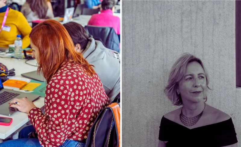 Imagen partida: a un lado un grupo de mujeres trabajan en torno a una mesa, al otro retrato de una mujer que mira fuera de campo apoyada en un muro blanco
