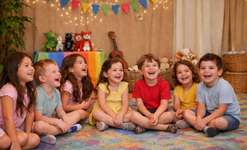 Niños y niñas sentados riendo