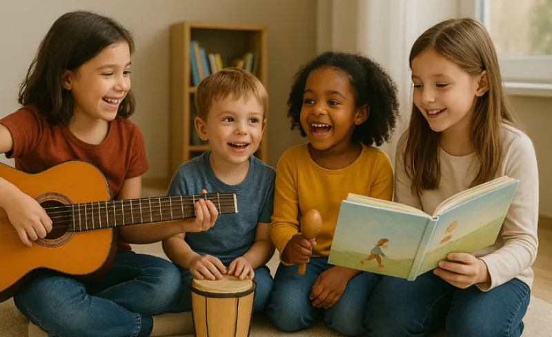 Niños divirtiéndose con instrumentos musicales