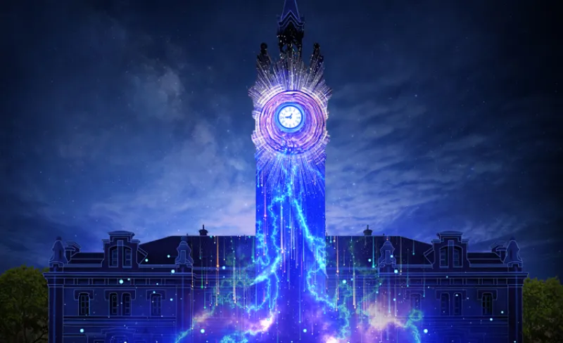 Videomapping en fachada de edificio con reloj