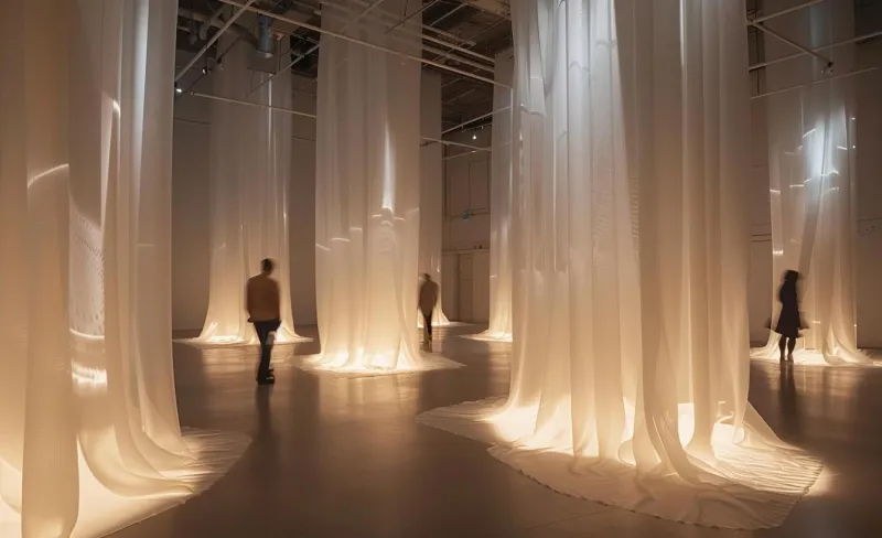Personas recorren un paisaje de cortinas iluminadas