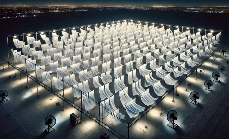 Sábanas tendidas e iluminadas en una explanada