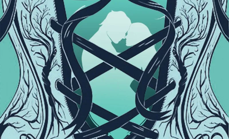 ilustración de la silueta de una pareja abrazada tras un corsé