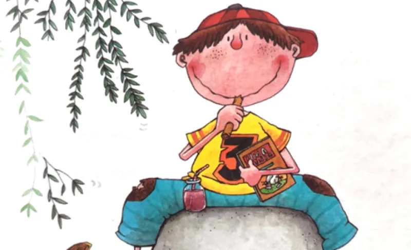 Ilustración de un chico sentado sobre una roca con un cuaderno y un lápiz en las manos