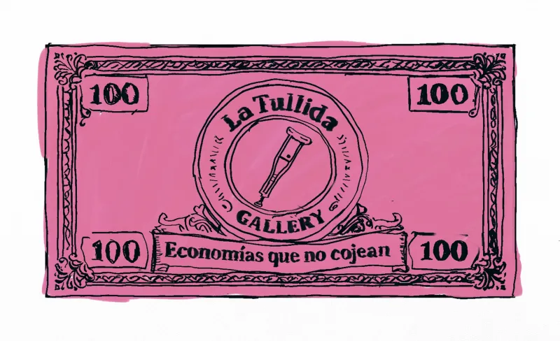 Sello con fondo rosa y una ilustración de una muleta