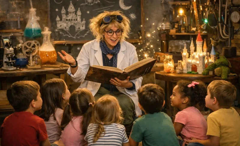 Profesora lee un cuento a sus alumnos