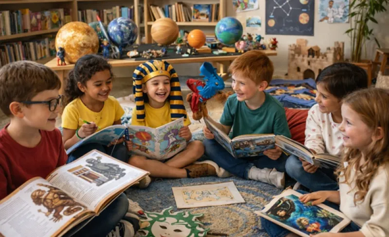 Niñas y niños juegan leyendo. Uno de ellos está disfrazado como un antiguo faraón egipcio