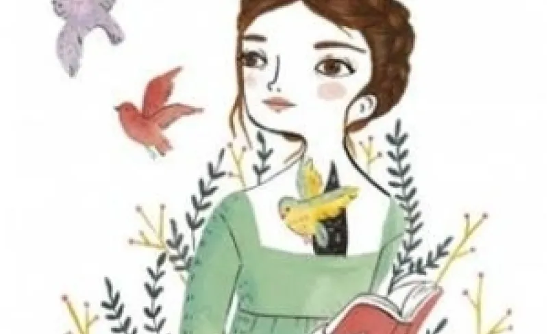 Ilustración de mujer en el bosque rodeada de pájaros