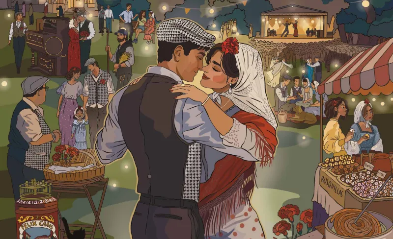 Ilustración de pareja de chulapos bailando en una verbena