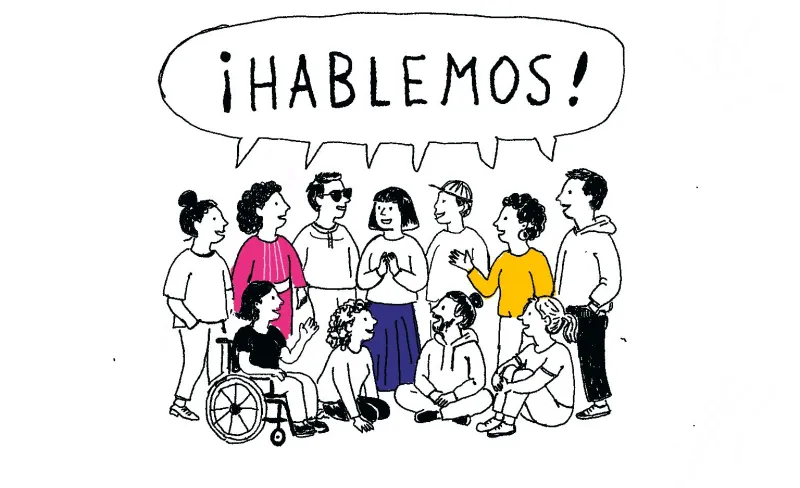 ilustración de grupo de personas reunidas de pie, con una persona en silla de ruedas en primer término