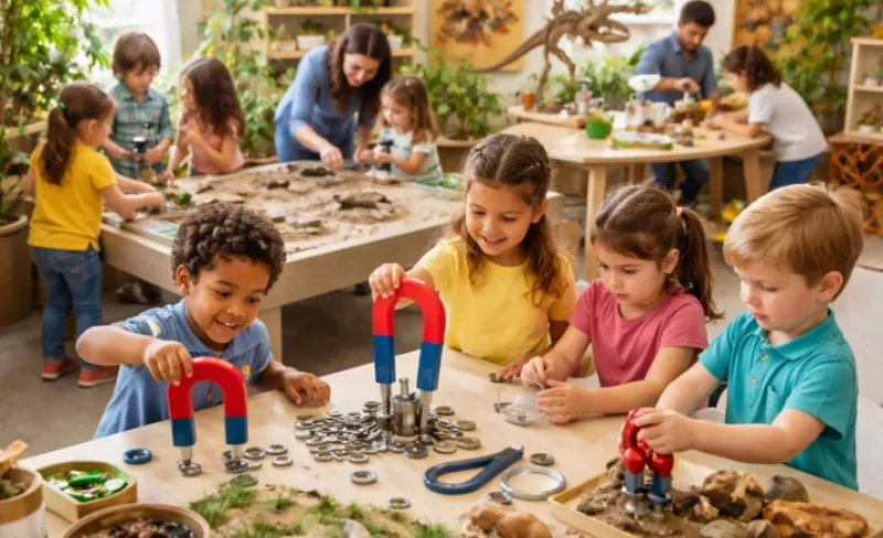 Niñas y niños jugando con imanes gigantes