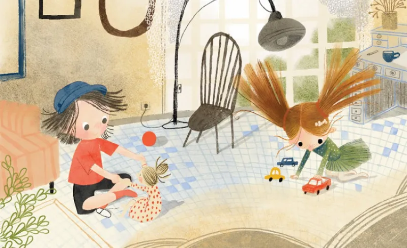 Ilustración de una niña y un niño jugando en el suelo de una casa