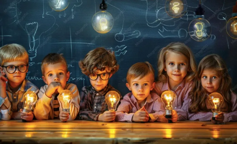 Un grupo de niñas y niños miran unas velas encendidas en una mesa
