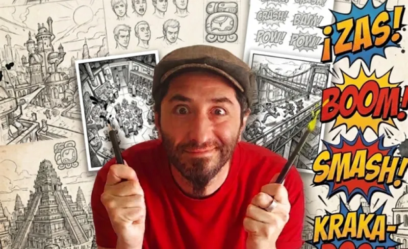 un chico con gorra con rotuladores en las manos con un fondo de ilustraciones de cómic