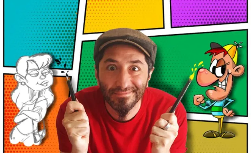 Un chico con gorra sujeta dos rotuladores con un fondo de colores con dos ilustraciones de personajes