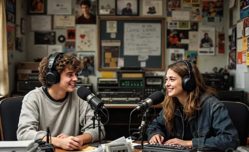 Chica y chico en un estudio de grabación de radio