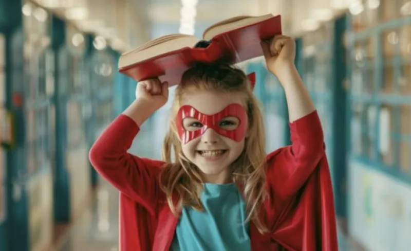 una niña vestida de superhéroe sujeta un libro en la cabeza mientras se ríe