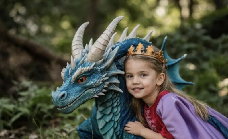 una niña disfrazada de princesa posa junto a la figura de un dragón