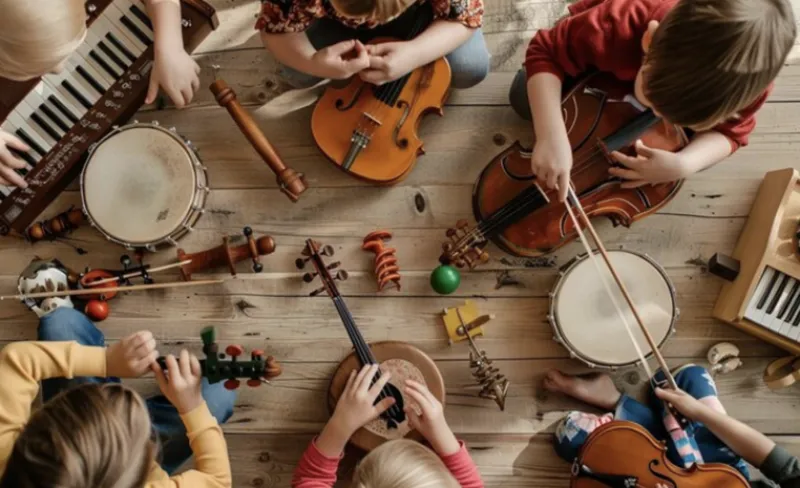 Manos de niños juegan con instrumentos musicales de juguete