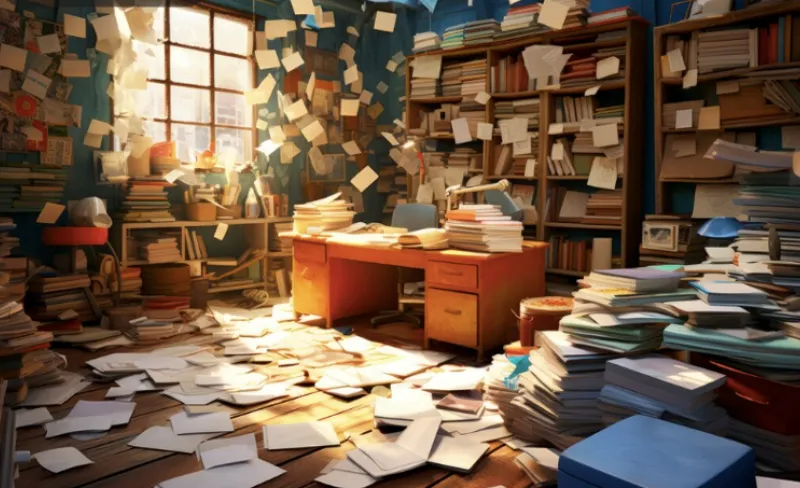 Oficina llena de libros en estanterías y por el suelo en torno a una mesa