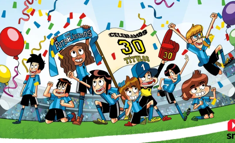 Ilustración de unos chicos y chicas de un equipo de fútbol celebrando