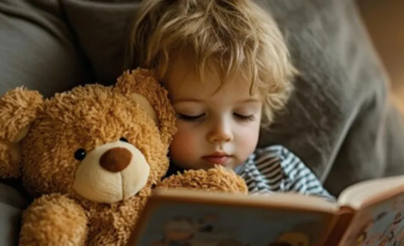 Un niño ojea un cuento con su osito de peluche