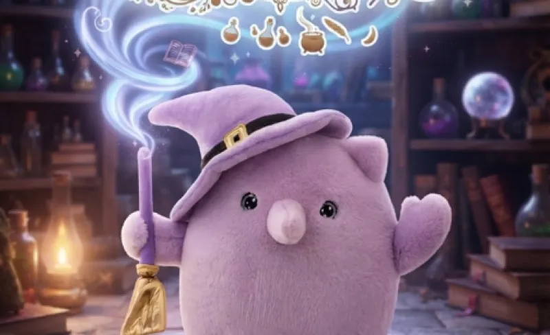 una criatura fantástica de peluche ataviada con un gorro de bruja y una varita mágica