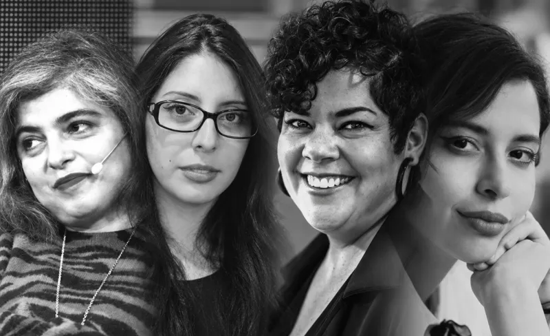 Collage en blanco y negro de fotografías de rostros de cuatro mujeres