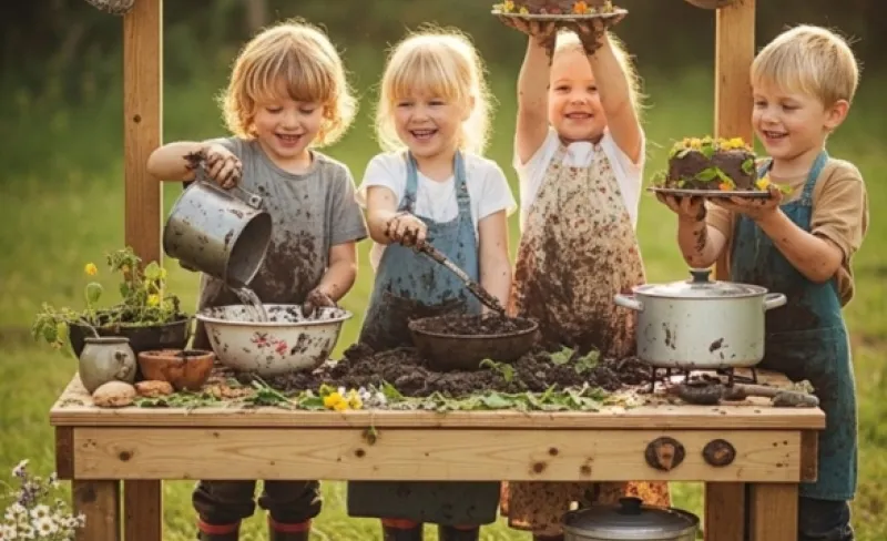 cuatro niños rubios juegan con alimentos en una mesa en medio de un jardín
