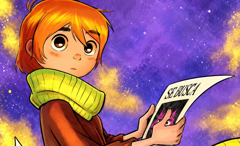 ilustración de un niño rubio con bufanda verde que observa una hoja de periódico