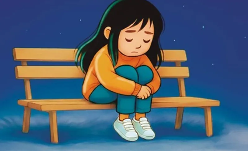 Ilustración de una niña triste sentada en un banco