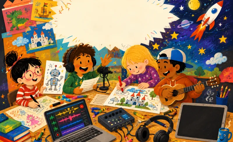 ilustración de niños en torno a una mesa escribiendo cuentos y riendo