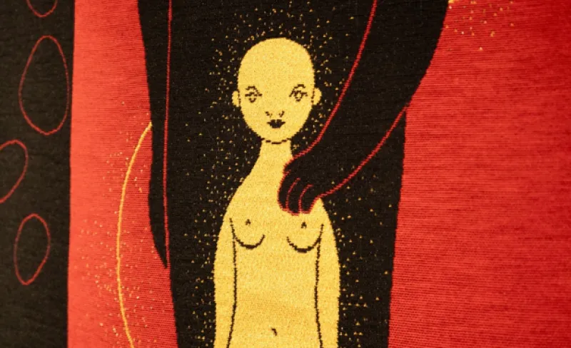 Ilustración minimalista de una mujer pequeña abrazada por una sombra a su espalda en colores amarillo, rojo y negro