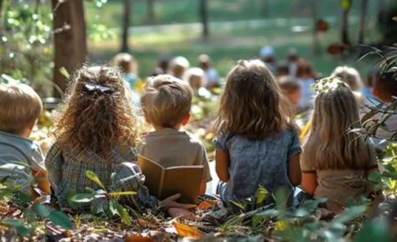 Niños y niñas sentados en la hierba de espaldas a cámara