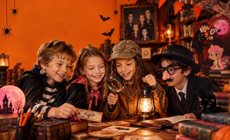 Cuatro niños y niñas disfrazados de Halloween juegan en torno a una mesa