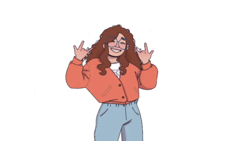 Ilustración de una chica haciendo gestos con las manos y riendo. Lleva gafas, una chaqueta roja y pantalones vaqueros