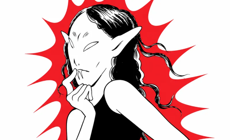 Ilustración de cómic que muestra a una jóven con rostro de demonio con orejas puntiagudas. Está rodeada por un aura de color rojo