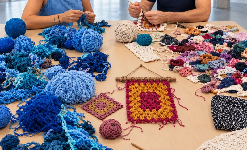 Varias personas trabajan en una mesa llena de ovillos e hilos de colores con una pieza cuadrada tejida en el centro