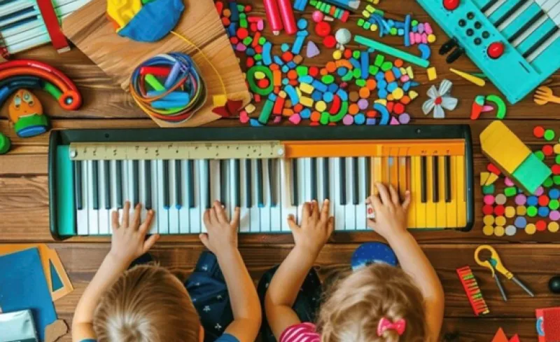 Fotografía cenital en la que se ve a dos niños tocando un teclado