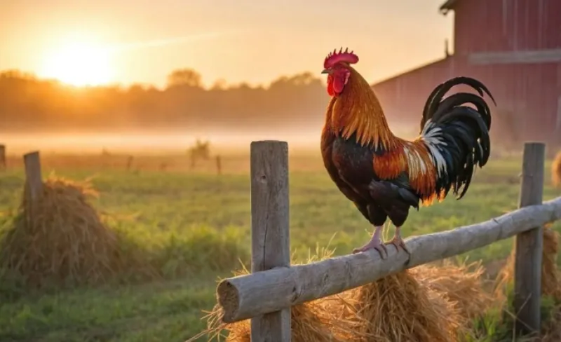 un gallo sobre una valla de madera mira el amanecer