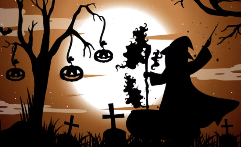 Ilustración con sombras de un árbol del que cuelgan calabazas, lápidas en forma de cruz y un hechicero de espaldas