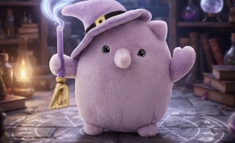 Muñeco fantástico morado de trapo lleva atuendo de brujas