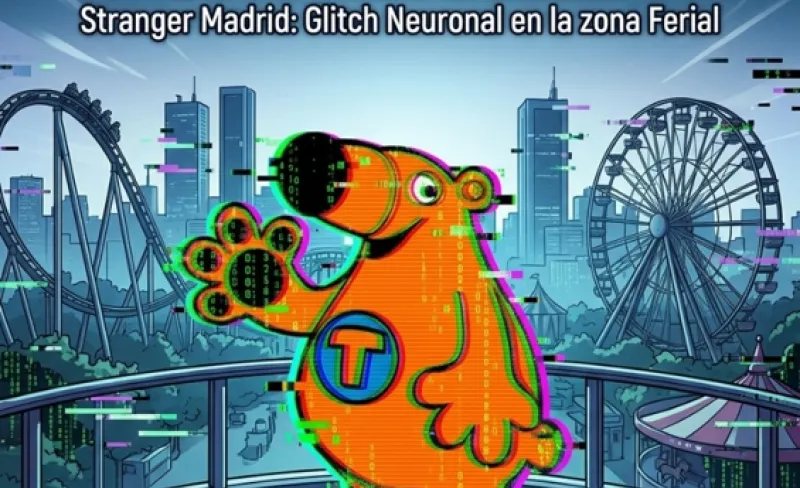 Ilustración de una mascota parecida a un oso hormiguero, con la ciudad de Madrid de fondo