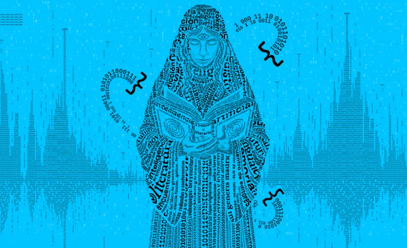 Ilustración de una jóven vestida con una capa leyendo un libro sobre fondo azul